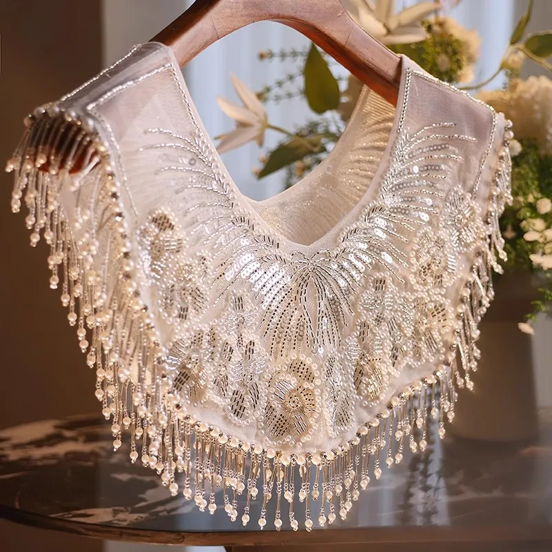 

Women's Luxury Vintage Embroidery Beaded Pearl Tassel Pashmina Female Autumn Winter Chinese Vintage Shawl Cloak Collar R2870