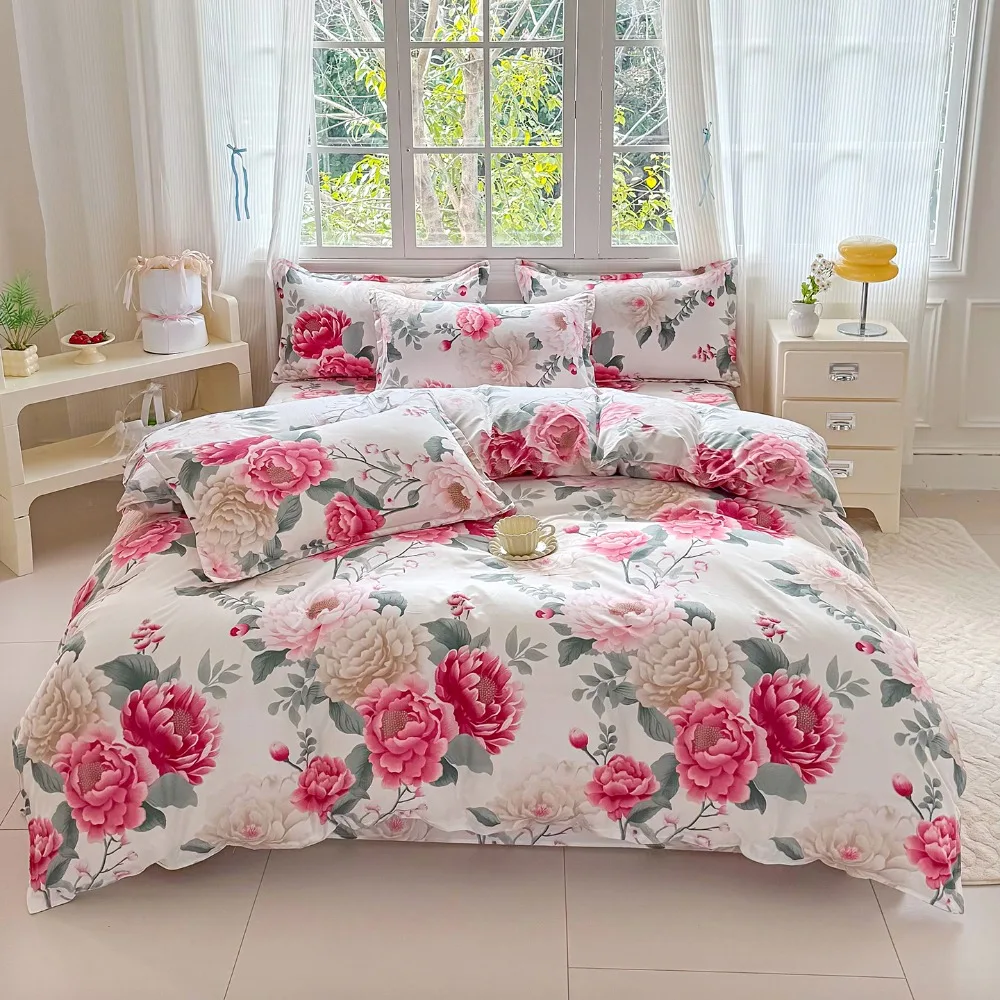 4pcs Peony Floral Bedding Set, Soft Breathable Bed Linen with Duvet Cover, Pillowcases & Sheet, Full/Queen/King Size