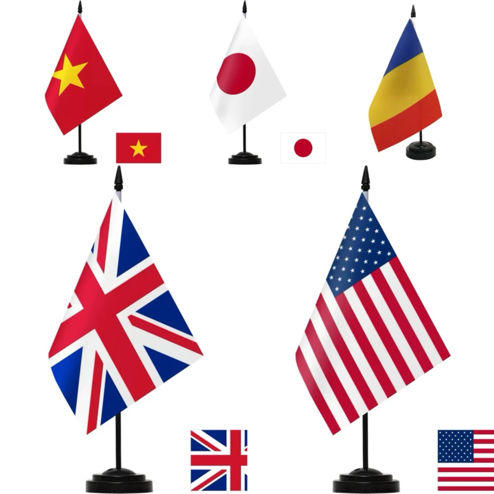 14x21cm Office Desk Flag Vietnam Japan  Romania UK American USA Flag  Black Plastic Flagpole Desk Flag