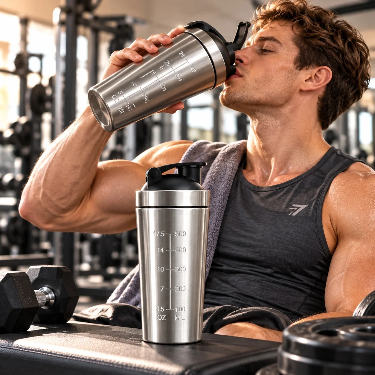 Stainless Steel Protein Shaker Bottle With Scale Leak‑Proof Sports Water Bottle Gym Fitness Whey Protein Shake Cup