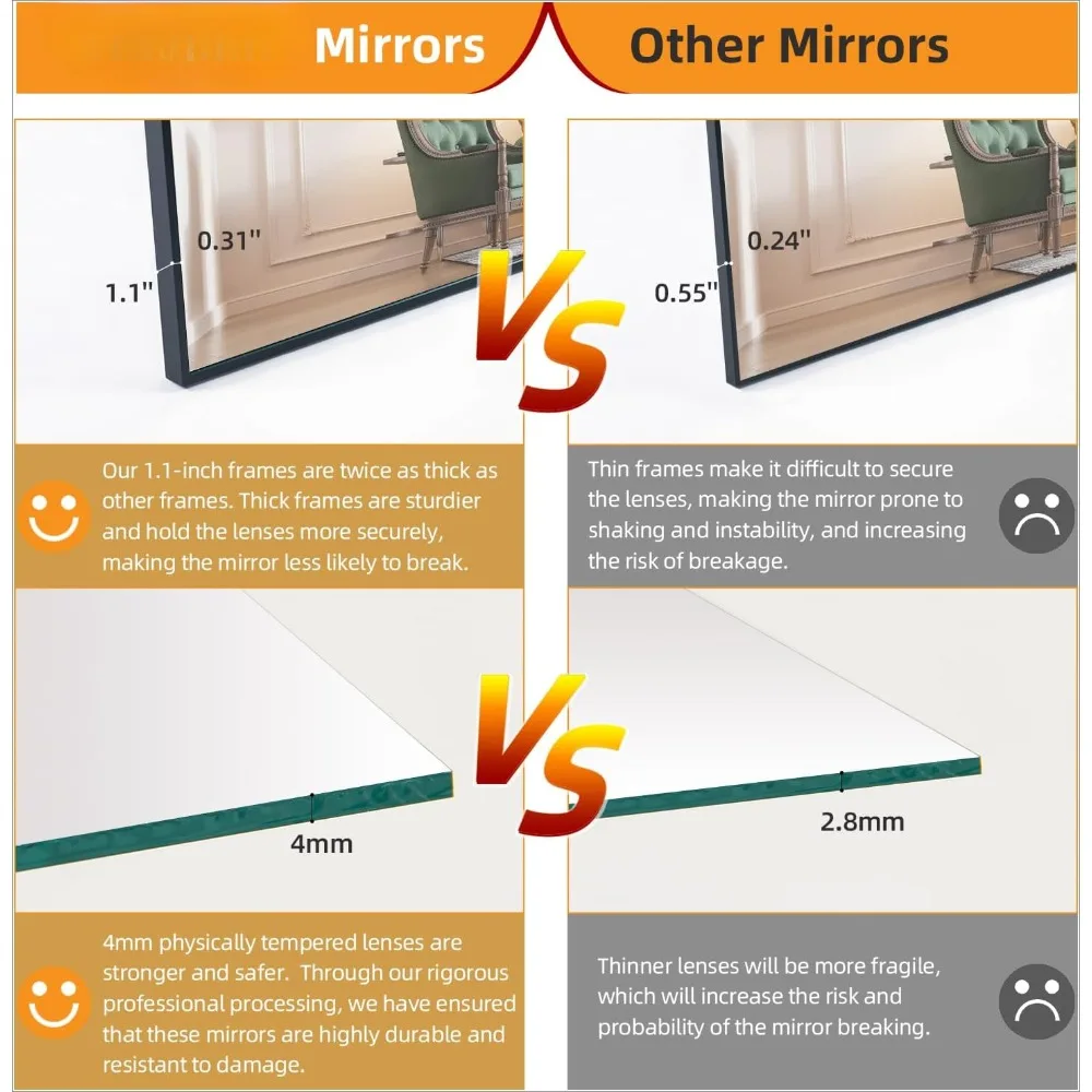 Arched full-length mirror, floor mirror, vertical or tilted, bedroom mirror, dressing mirror with black aluminum frame