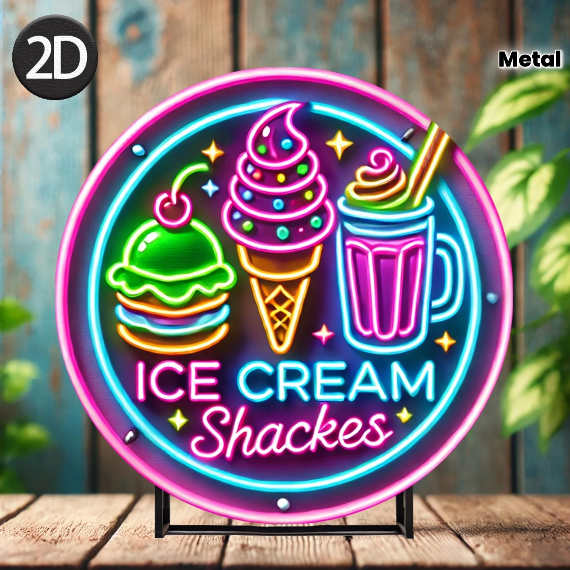 2D Neon Sign Ice Cream Shackes LED Light Up Round Wall Art Dessert Cafe Decor Glowing Food Display