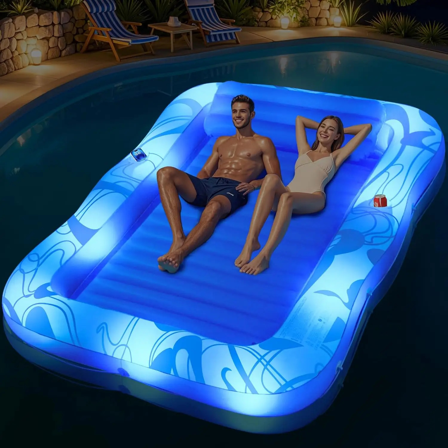 

Inflatable Tanning Pool Lounger with Lights, Large Floats for Adults, Swirls Design, Cup & Phone Holder
