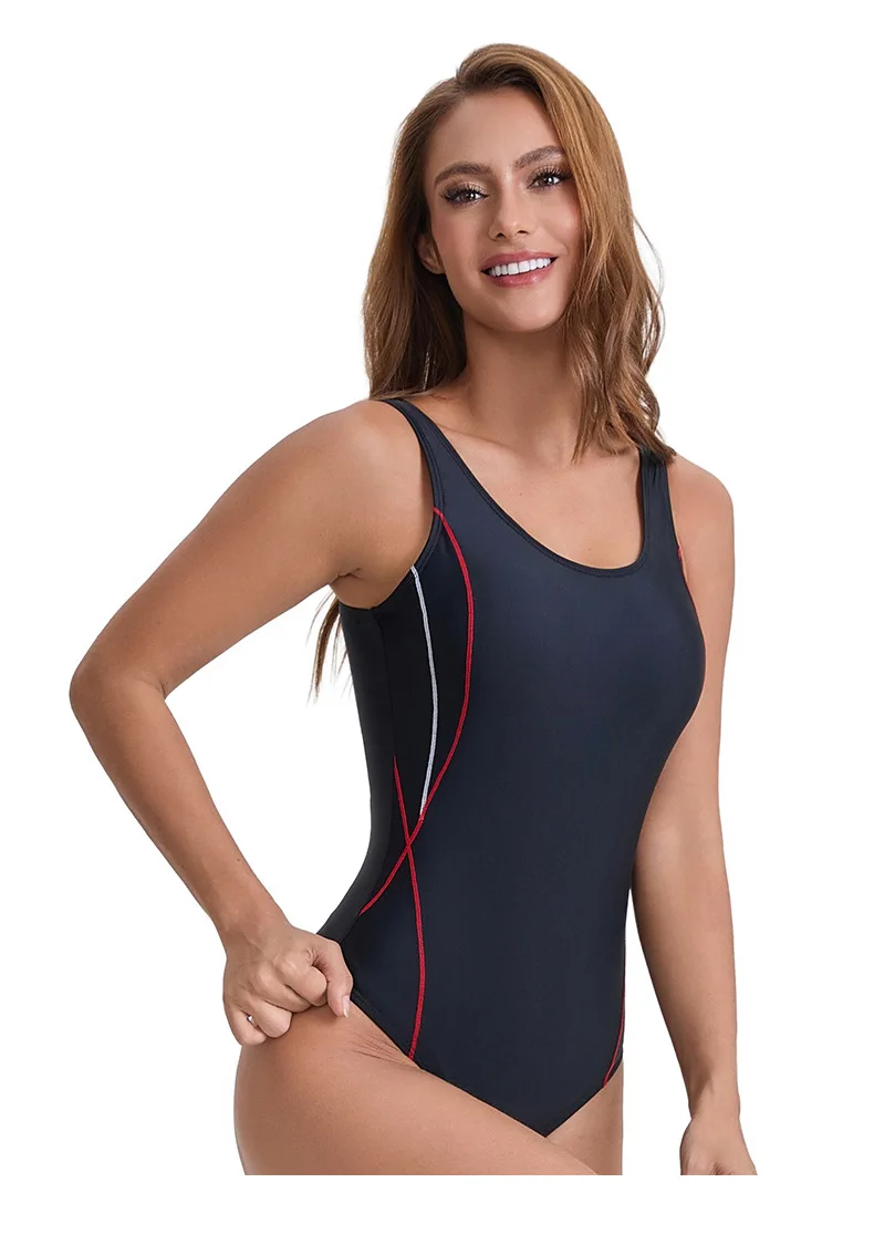 Women One Piece Swimsuit Conservative Splice Color Sleeveless Backless Nylon Swimwear New Triangular Rash Guard Bathing Suit