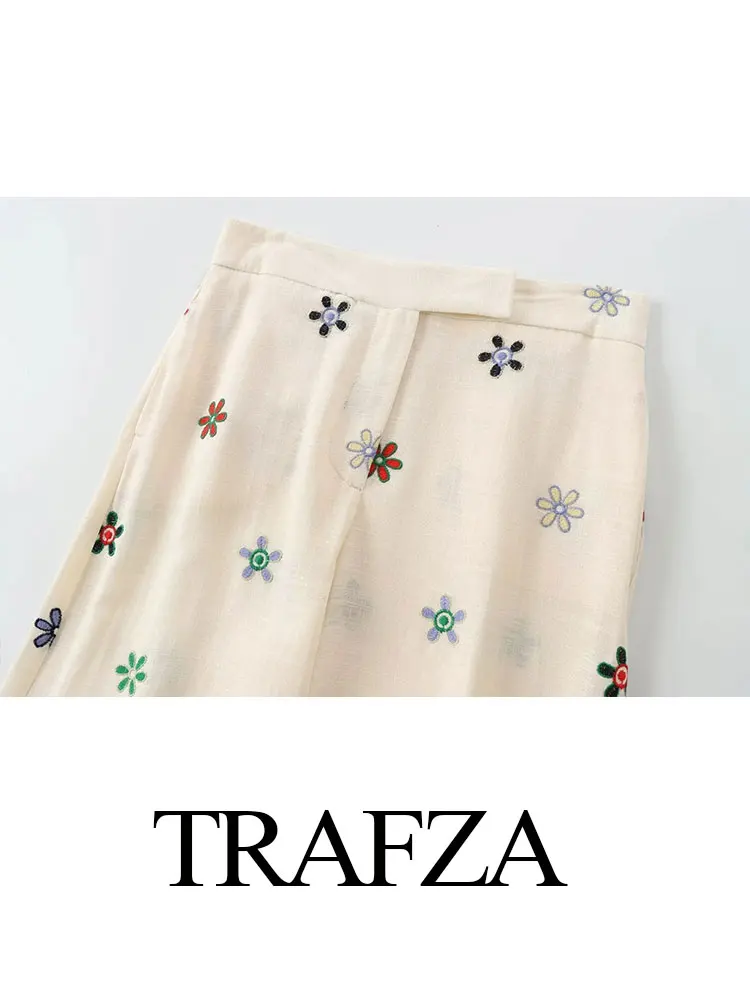 TRAFZA 2024 camicia Casual ricamata a fiori retrò da donna estiva Set da 2 pezzi pantaloni a gamba larga da strada da donna a vita alta TRAF