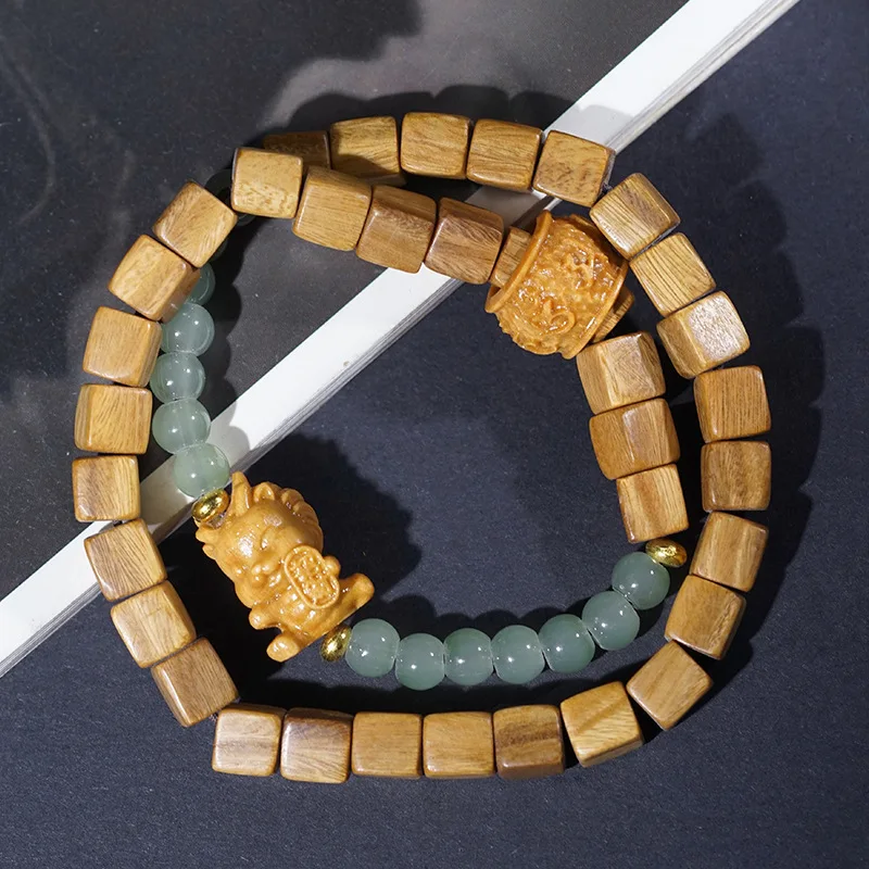 

Natural Green Sandalwood Square Bead Double Loop Bracelet DIY Running Ring Prayer Bead Unisex Jewelry