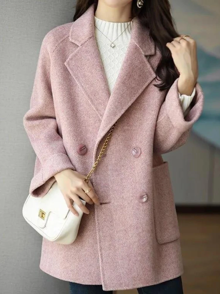 Woolen Jacket Women Elegant Coats Loose-fit Office Trench Fashion Blazer Double Breasted Outer Wear Autumn Winter Plus Size