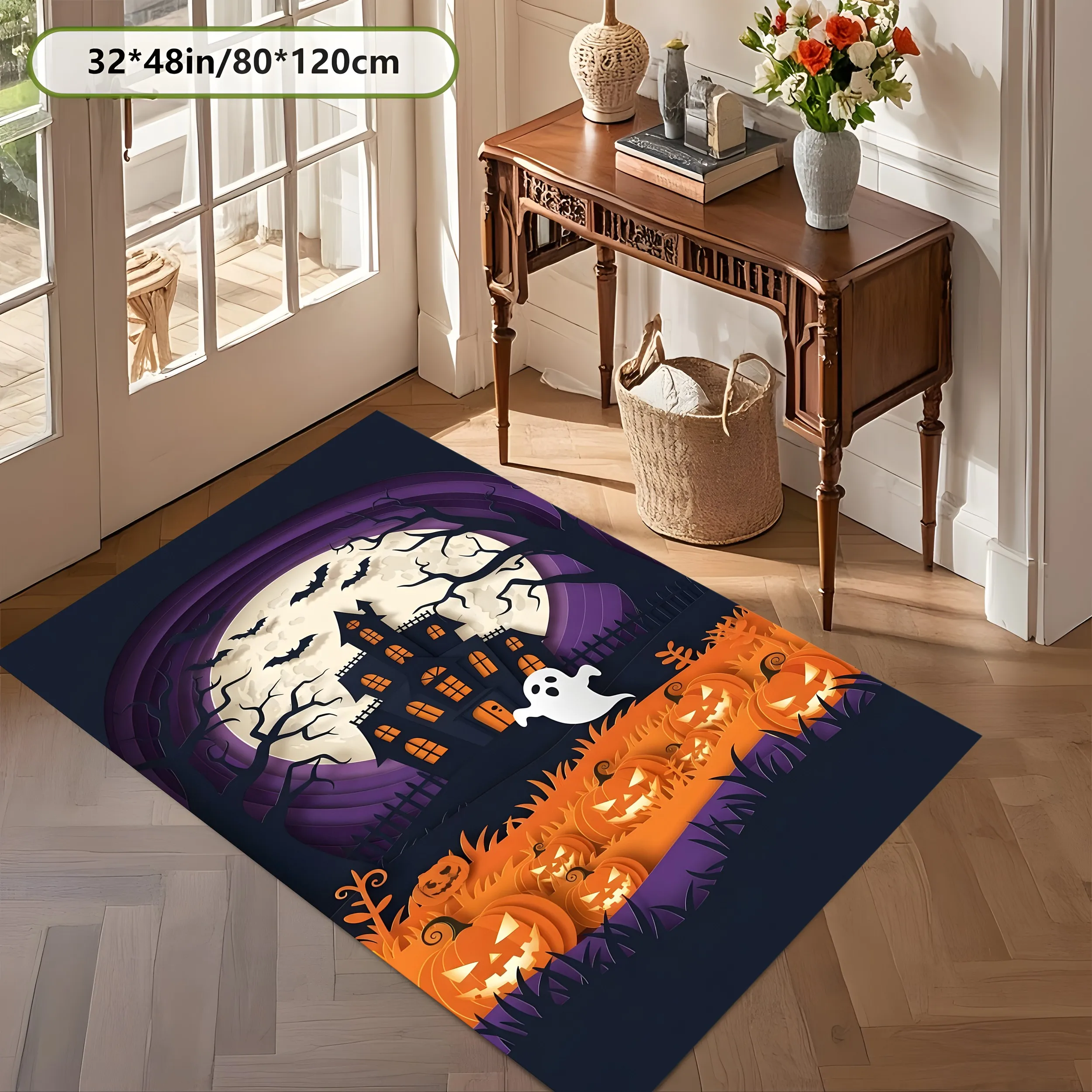 Pumpkin Lantern Ghost Haunted House 2D Area Rug in Quirky Halloween Style for Home, Halloween Party Decor