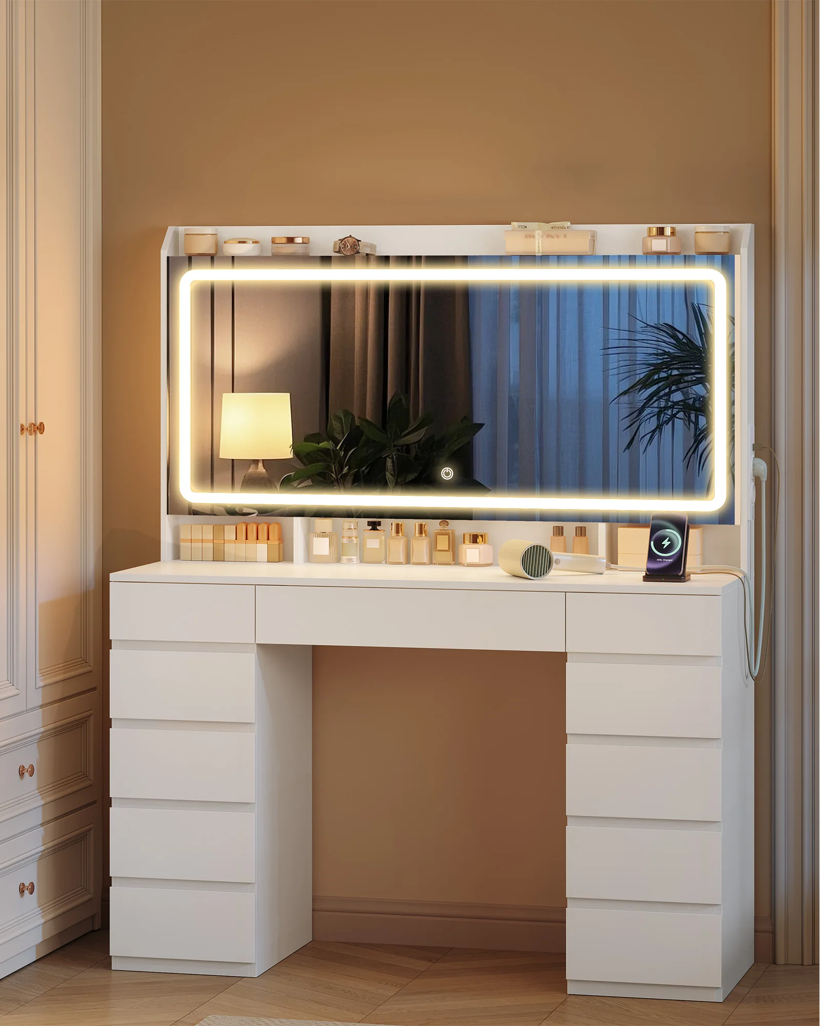 Grande table de maquillage avec grand miroir HD, éclairage LED, 3 couleurs, luminosité réglable, avec 11 tiroirs