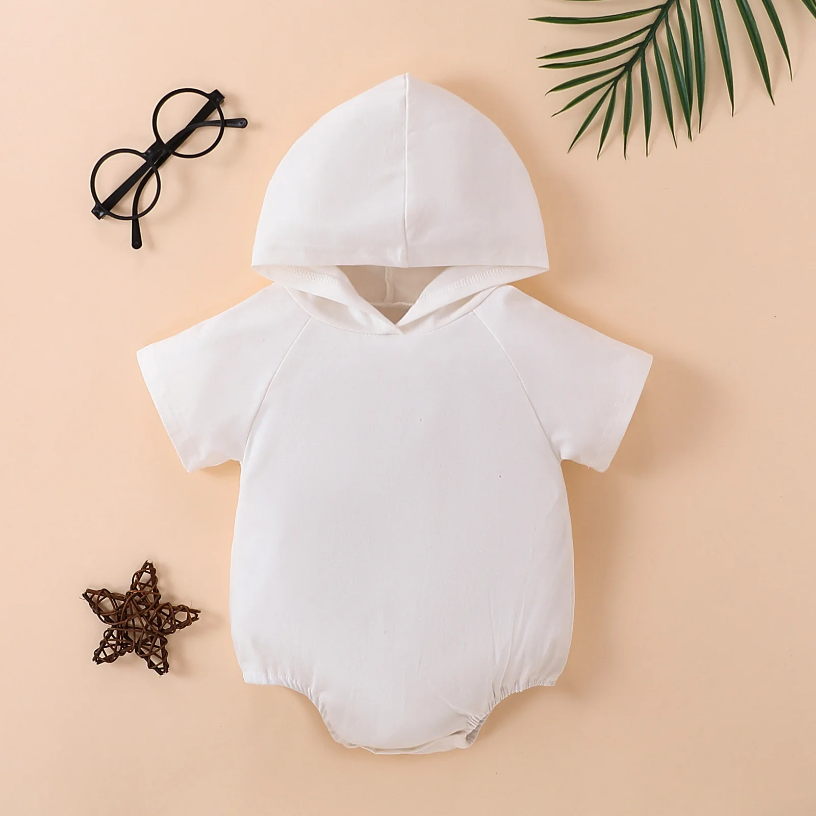 Summer Infant Baby Boy Pure White Short Sleeve Hooded Triangle Romper Casual