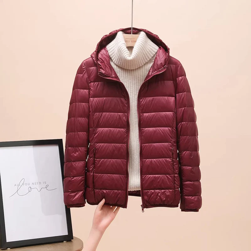 Women Down Jacket Wine Red 2026 New Spring Autumn Female Slim Short Hooded Warm White Duck Down Coat