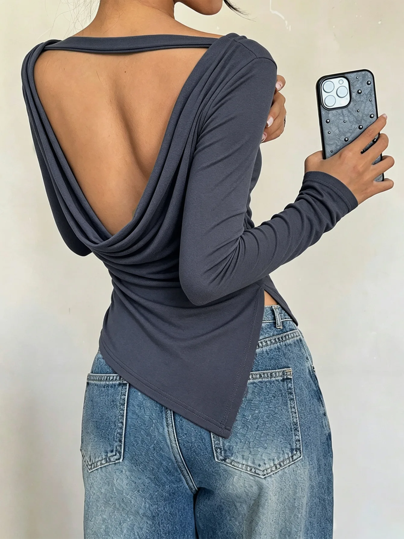New style elegant style one-shoulder long-sleeved T-shirt women backless cinched waist design slimming effect irregular slit top