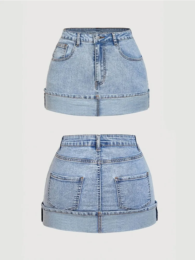 

Y2K High Waist Rolled Hem Denim Mini Skirt Women Light Wash Jean Skirt Streetwear Bodycon Casual Summer Short Skirt