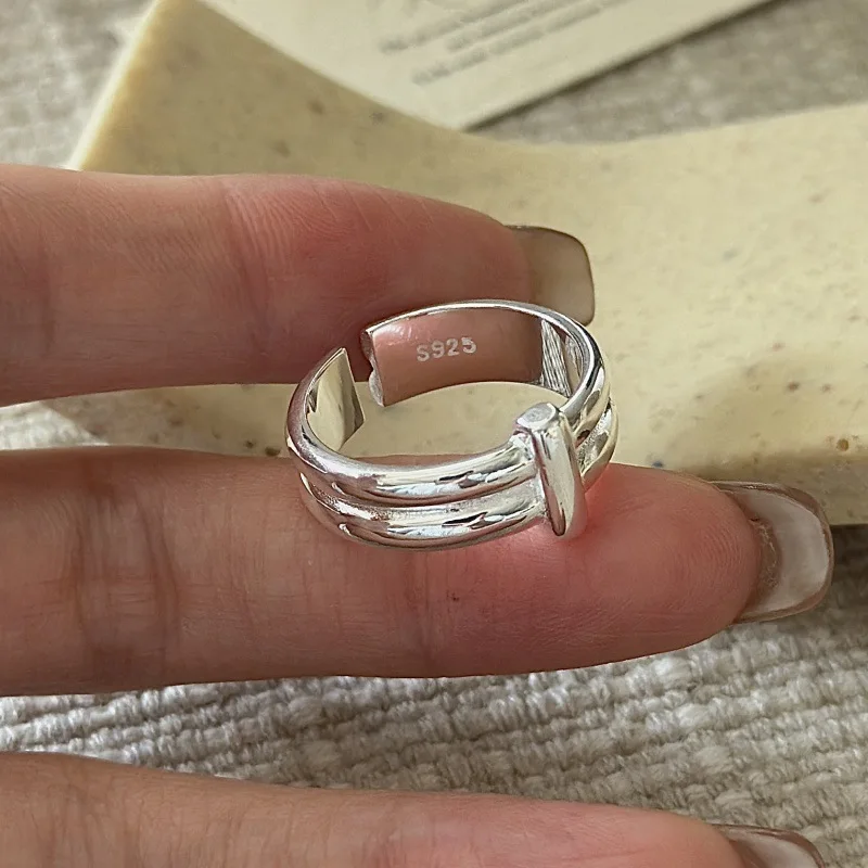 S925 Sterling Silver Korean Version Niche Design Sense Texture One-word Ring Fashionable Simple Ring Wholesale
