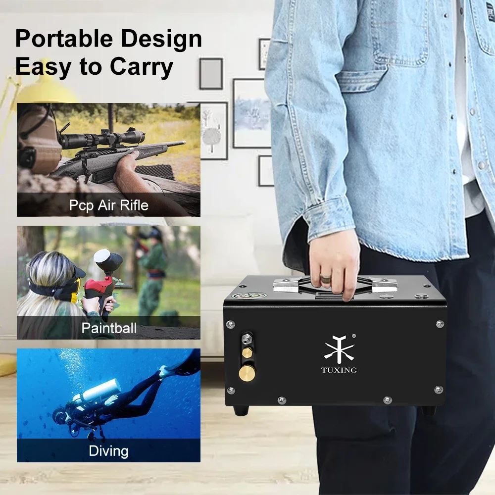 TUXING 300Bar PCP Air Compressor 4500Psi High Pressure Portable Compressor with Car 12V Power Supply for Scuba Diving Air Rifle