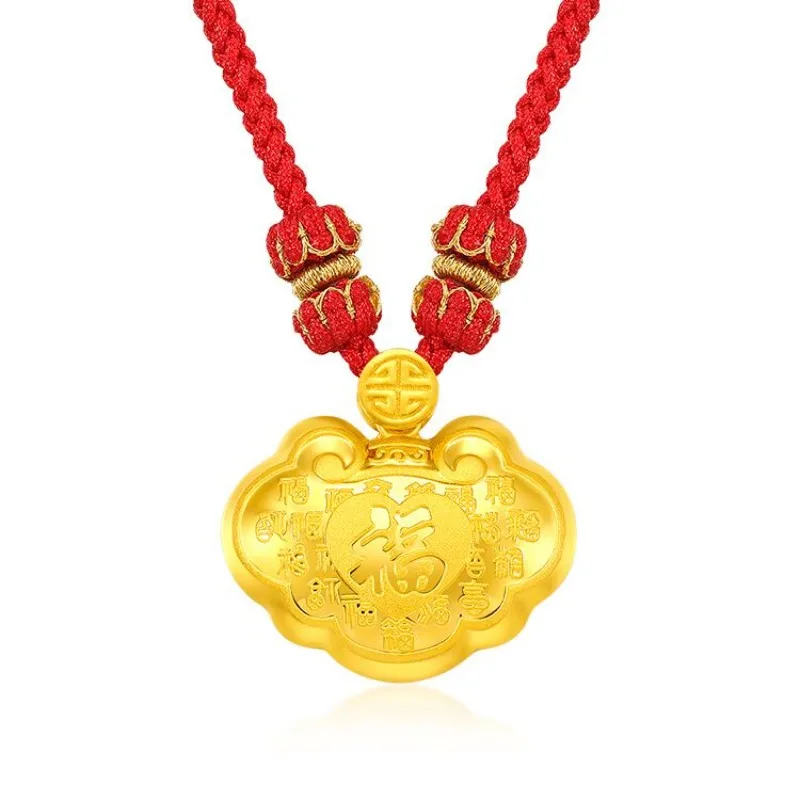 Gold Plated Ruyi and Hundred Blessings Longevity Locket Red Braided Cord Adjustable Necklace for Babies Birthday Full Moon Gift