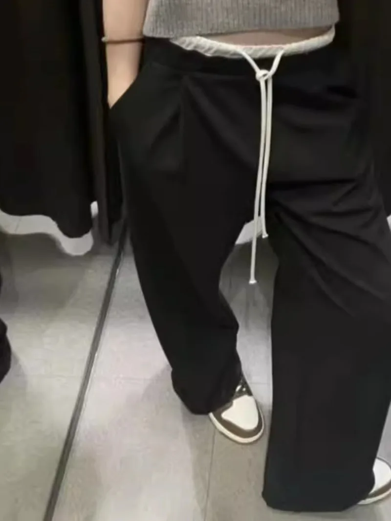 

Design Sense Double Waist Splicing Drawstring Trousers Women 2024 New American Style Spicy Girl High Waist Casual Straight HO5V