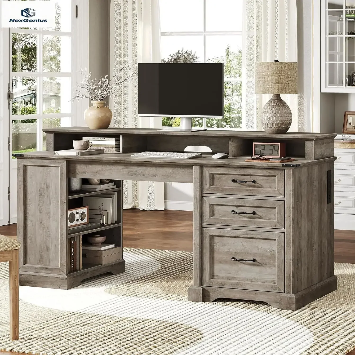 Greige Farmhouse Executive Desk With Drawers Home Office Desk With File Cabinet And Storage Shelf Charging Station Computer Desk