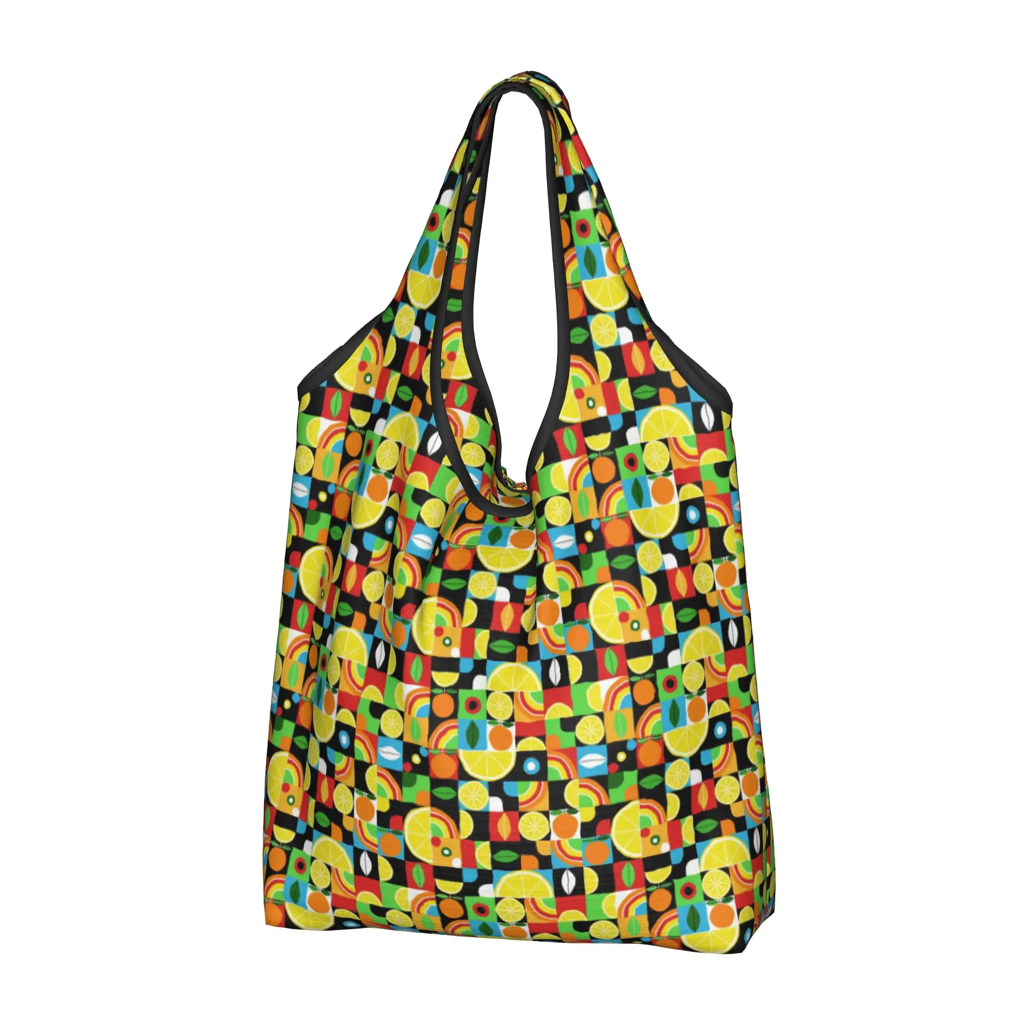 Fashion Geometric Fruits Lemons and Oranges Shopping Tote Bag Portable  Grocery Shopper Shoulder Bag