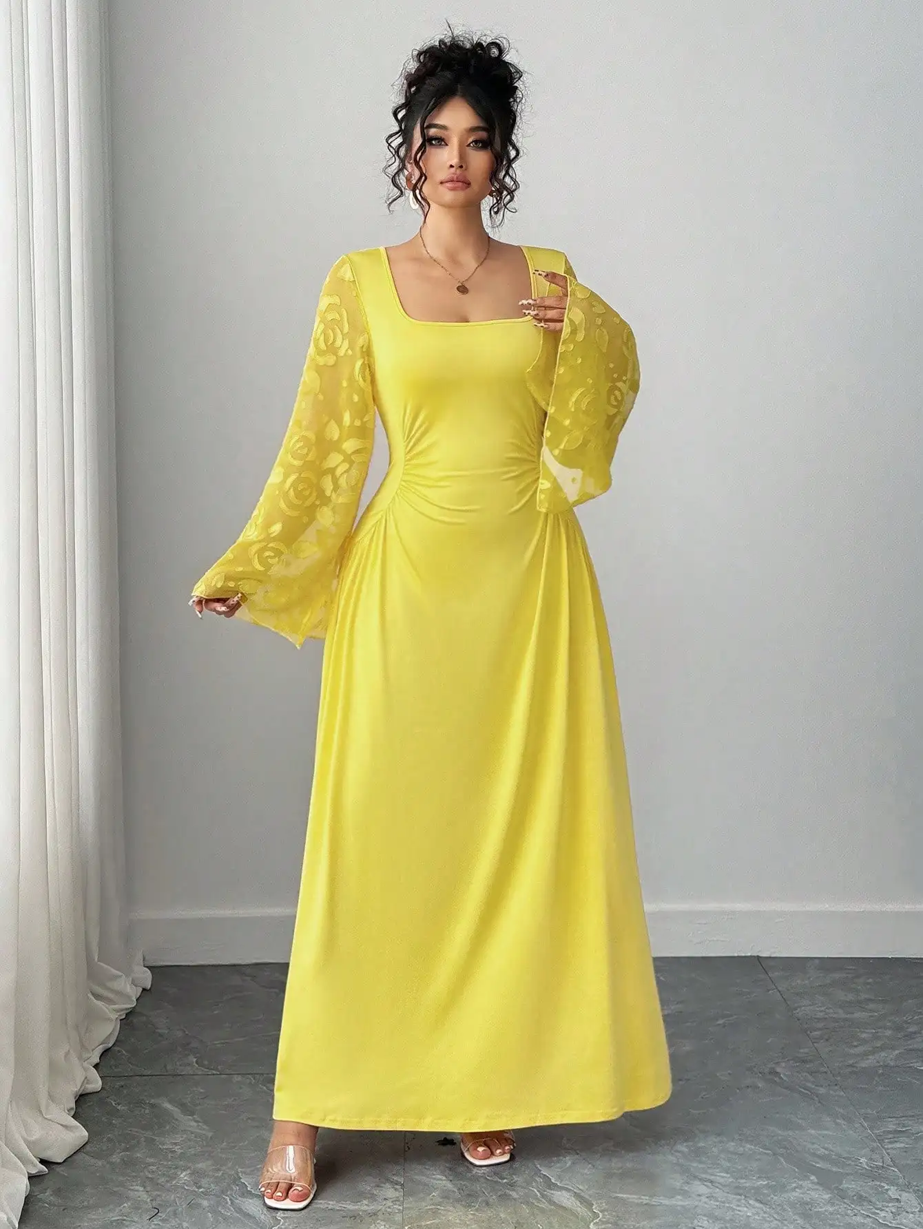 

Yellow Square Neck Long Sleeve Maxi Dress For Women Elegant Jacquard Mesh Plus Size