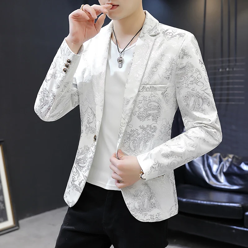 

Casual Faionable Gold Emed Jaet Men's Performance Suit Stand Fit Long Sve Plain Collar Regular Length Single Bu...