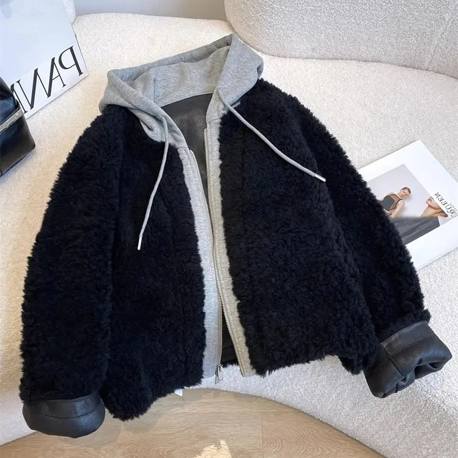 

Black Lamb Wool Splicing Women's Hooded Coat Autumn Winter Thicken Warm Zipper Fake Two Pieces Jacket Female Casual Outerwear