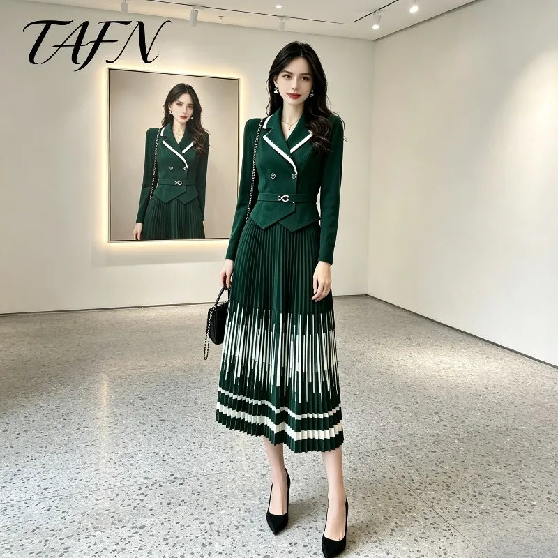 Miyake Pleated 2026 Autumn New Suit Collar Printed Pleated Long Dress Waist Slimming Casual Fake Two-Piece Pleated Dress Pleat