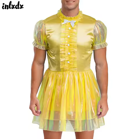 Mens Sissy Crossdress Maid Ruffled Dress Lolita French Maid Servant Anime Cosplay Costume Clubwear Bow Sparkly Puffy Maid Dress