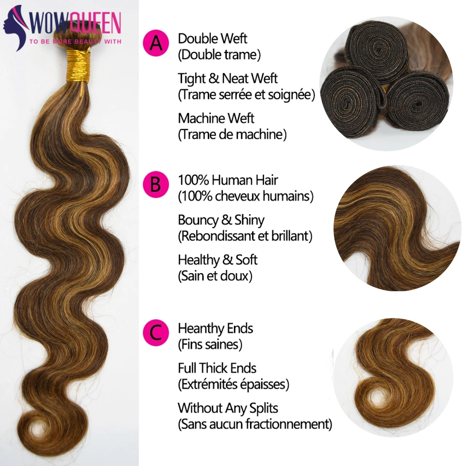 Paquetes de Cabello Brasileño con Ondas Cuerpo y Reflejos P4/27, Ombre Miel, Remy 4