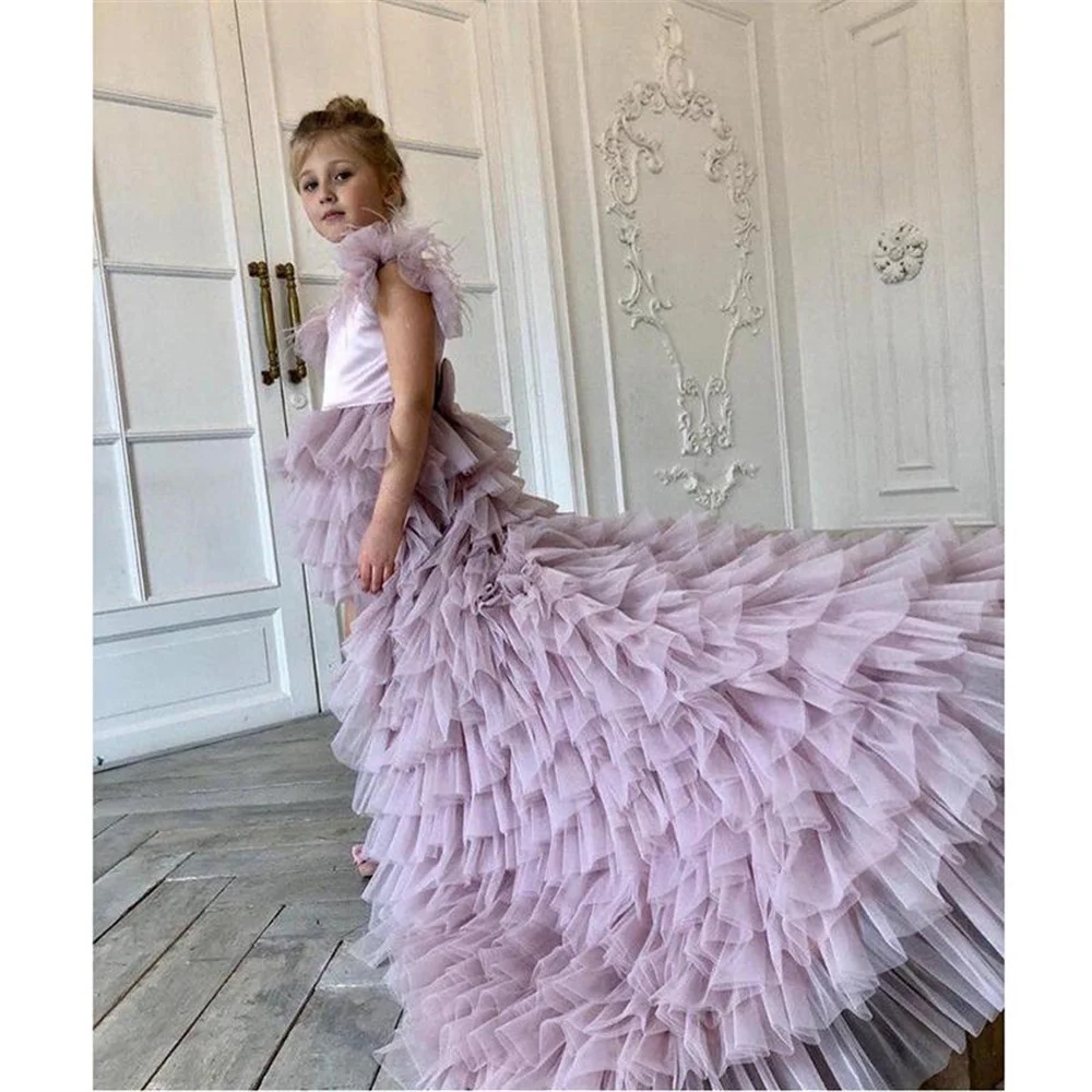 Robe de demoiselle d'honneur violette, superposée, longueur asymétrique, tulle, plumes gonflées avec nœud, mariage, fête d'anniversaire, première communion, quoi que ce soit