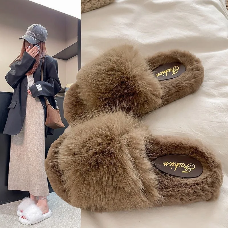 2026 Hausschuhe für Damen, flauschige offene Zehenschuhe, flache Plüsch-Hausschuhe, gemütliche, warme, weiche Sohle, rutschfest – Detail 5