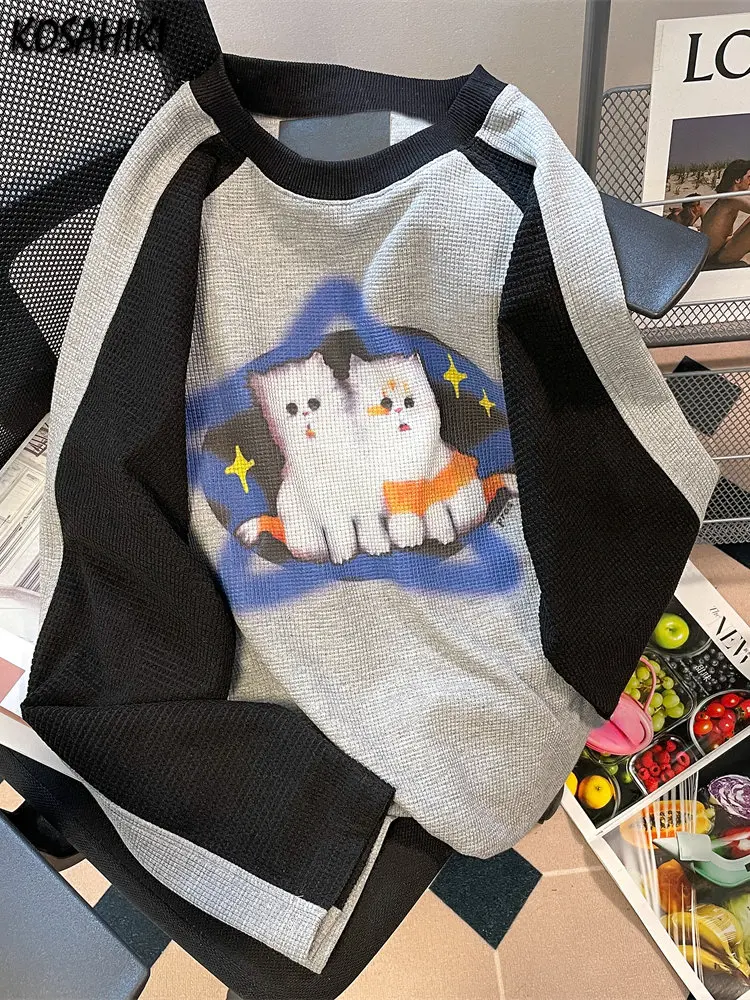 KOSAHIKI Kawaii Animal Hoodie Women Cat Star Print Contrast Color O-neck Waffle Sweatshirt Y2k Aesthetic Harajuku Loose Pullover