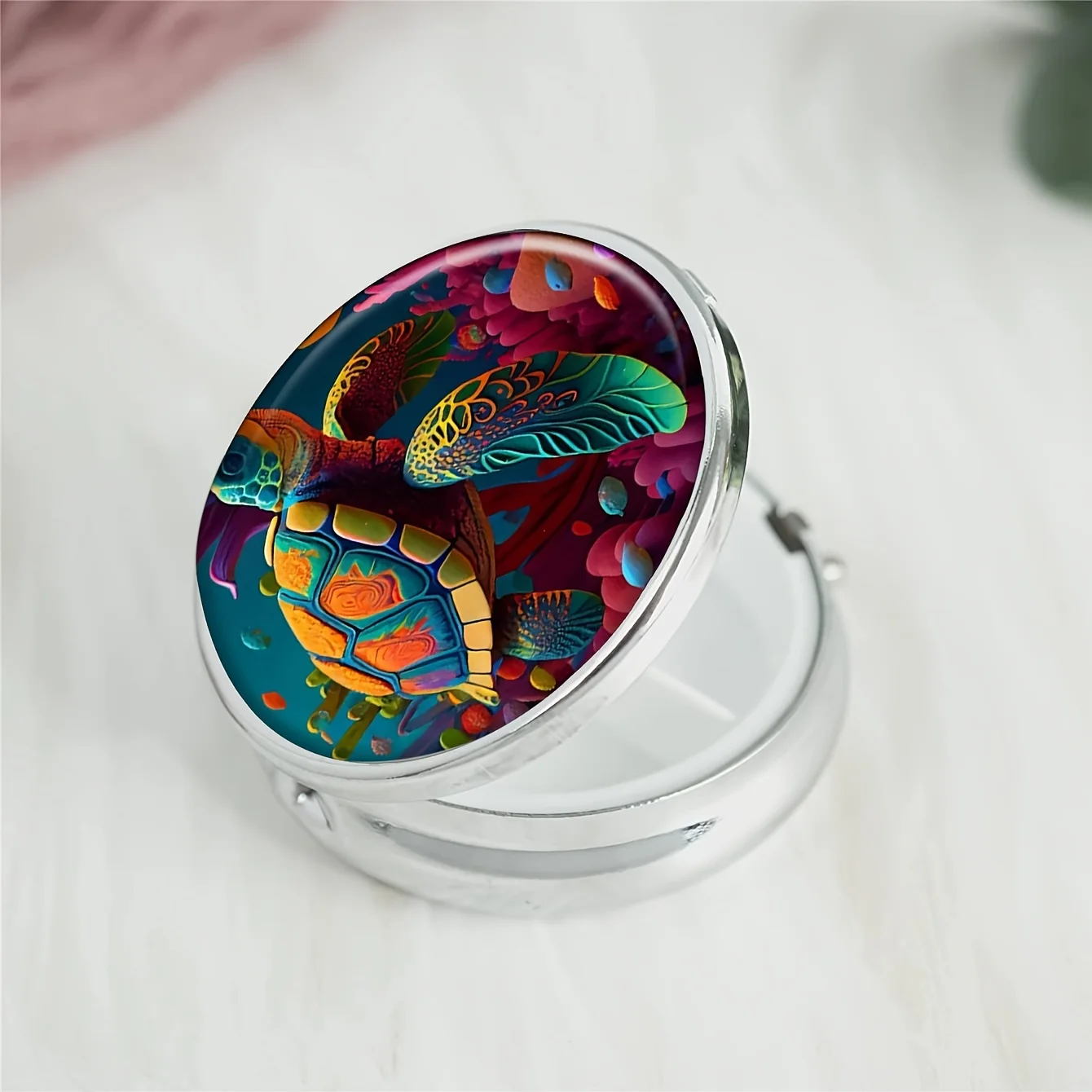 turtle-shaped round medicine box,3 compartment decorative pocket medicine boxes,portable travel tablets vitamin storage boxes