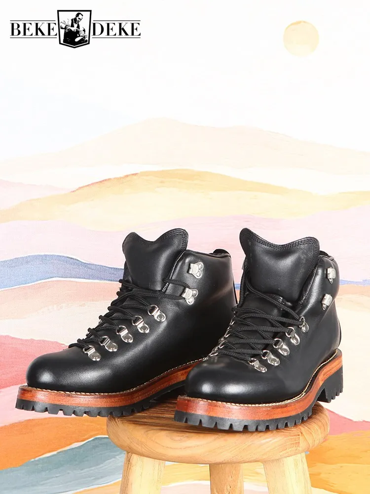 

Leisure Male Cross Tied Genuine Leather Hard Wearing Mid Heel Ankle Boots Solid Color Cowhide Round Toe Platform High Top Shoes