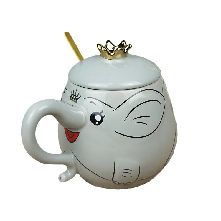 Cartoon Cute Appearance Ceramic Elephant Water Cup Home Office Mug with Crown Cap Spoon Cup with Hand Gift