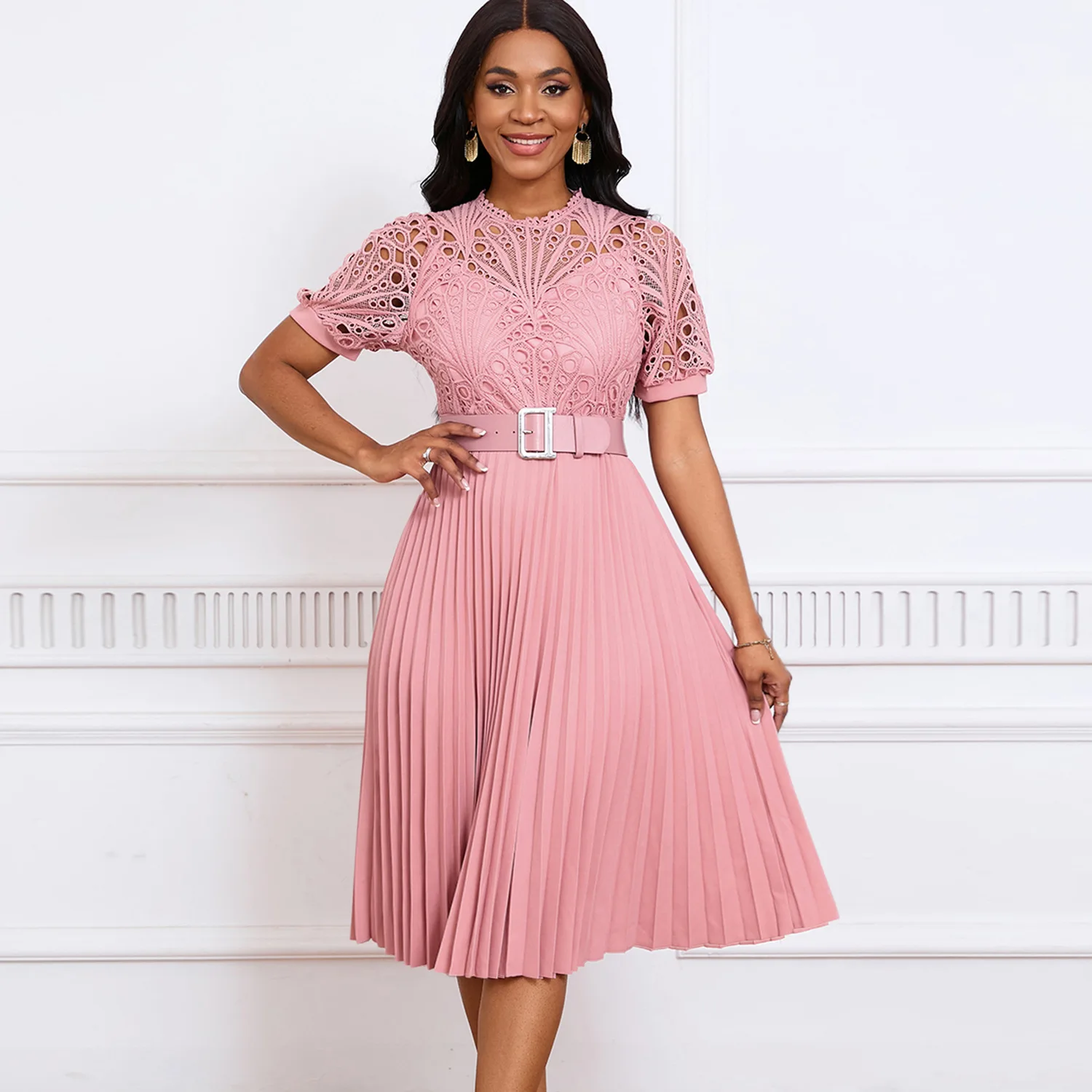 Dresses for Church Women Pleated Party Dress Lace Patchwork Short Sleeves Elegant Modest Office Ladies Female Gowns African