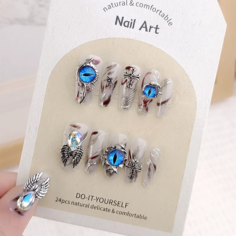 Blue Evil Eye Square Wearing Armor Silver Lines Cross Wings Stars Dark Nail Kit