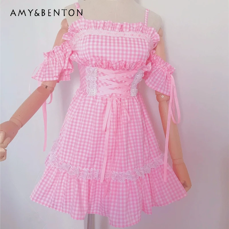 

College Style Fairy Y2k Sweet Cool Woman‘s Sling Dress Japanese Design Fresh Pink Plaid Print Cute Kawaii Short Dresses Ladies
