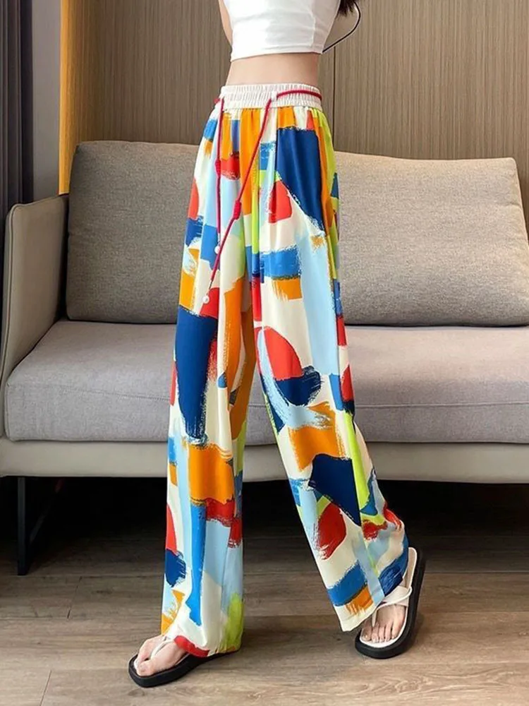 Ice Silk Baggy Wide Leg Pants Women's Casual Drawstring High Waisted Pantalones Loose Straight Chiffon Printed Trousers Hosen