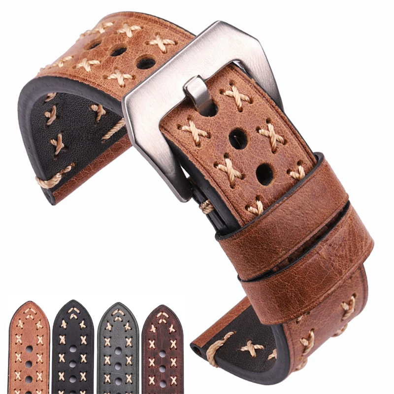 Handmade Watchbands 22 24mm Italian Leather Vintage Watch Band Strap Women Men Brown Black Green Coffee Watch Accessories