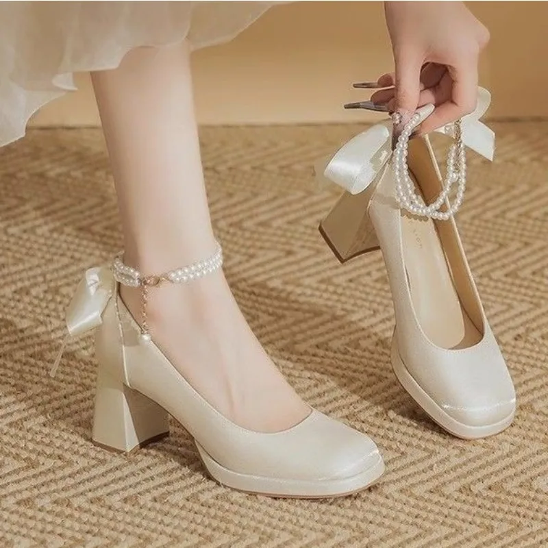 

Sexy New Red Bow Pearl Mary Jane Platform Waterproof Lolita Heels for Women Chunky Wedding Single Shoes High Heel Pumps