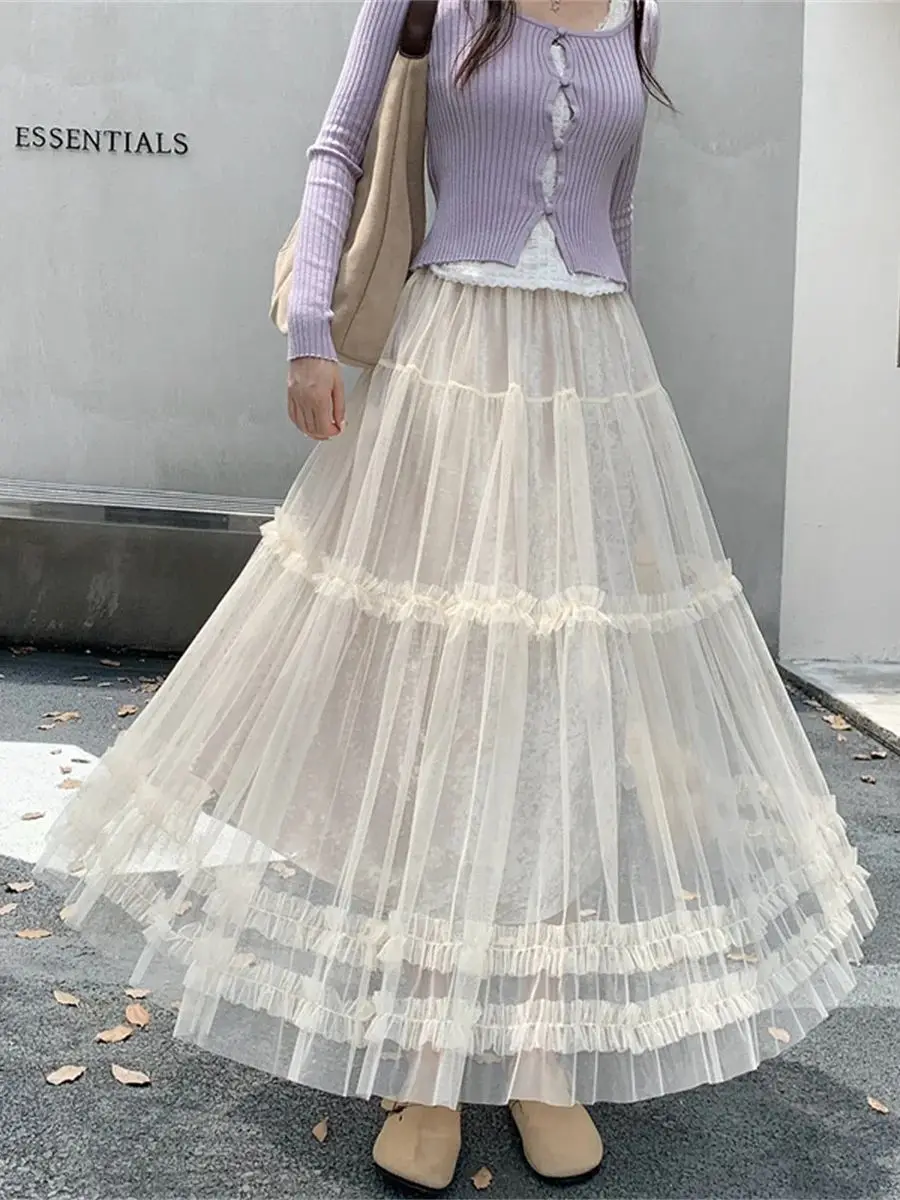 2025 Fall/Winter Vintage Velvet-Lined Mesh Skirt For Women Sweet Ruffles Long Tiered Skirt Fairy-Style Tulle Skirt A-Line Skirt