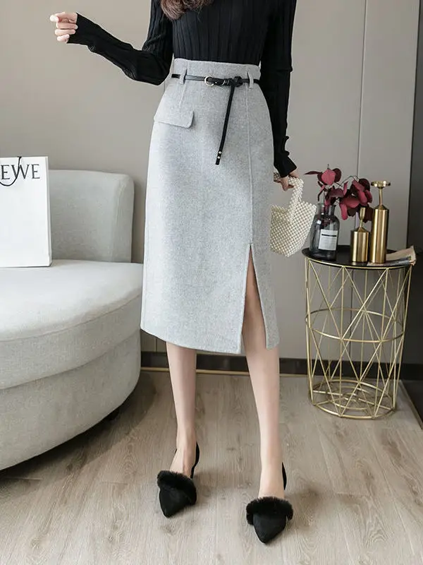 

Ele Mid-Length A-Line Woolen Skirt High Waist Slim Fit Autumn Winter New Sle Commute Friendly Korean Version