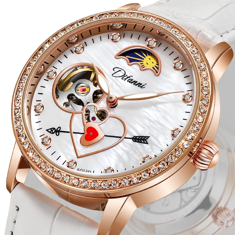 Relojes mecánicos automáticos con caja de oro rosa para mujer, relojes de pulsera con flechas de Cupido de diamante, reloj de cuero rosa para mujer,