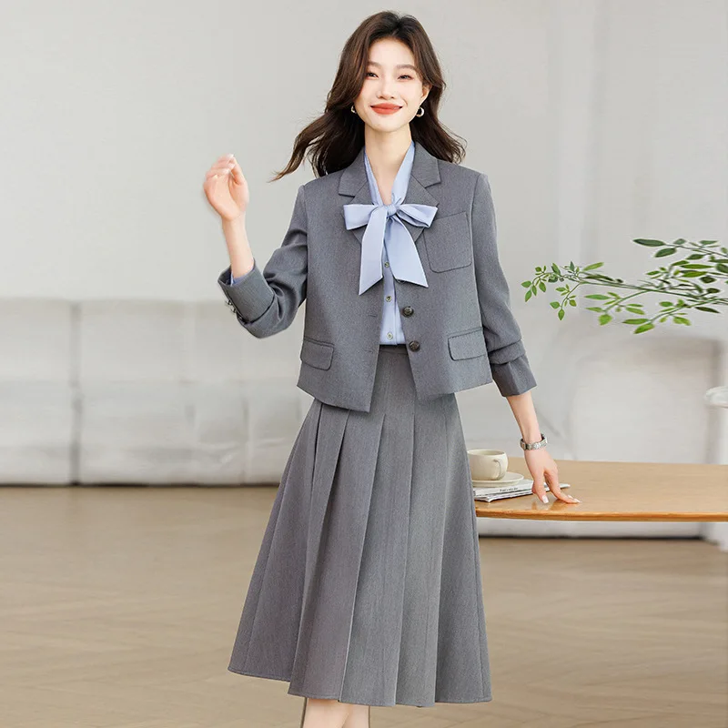 Gray Blazer2025New Spring Professional Outfit Student Commuting Interview Suit Blazer Skirt Set