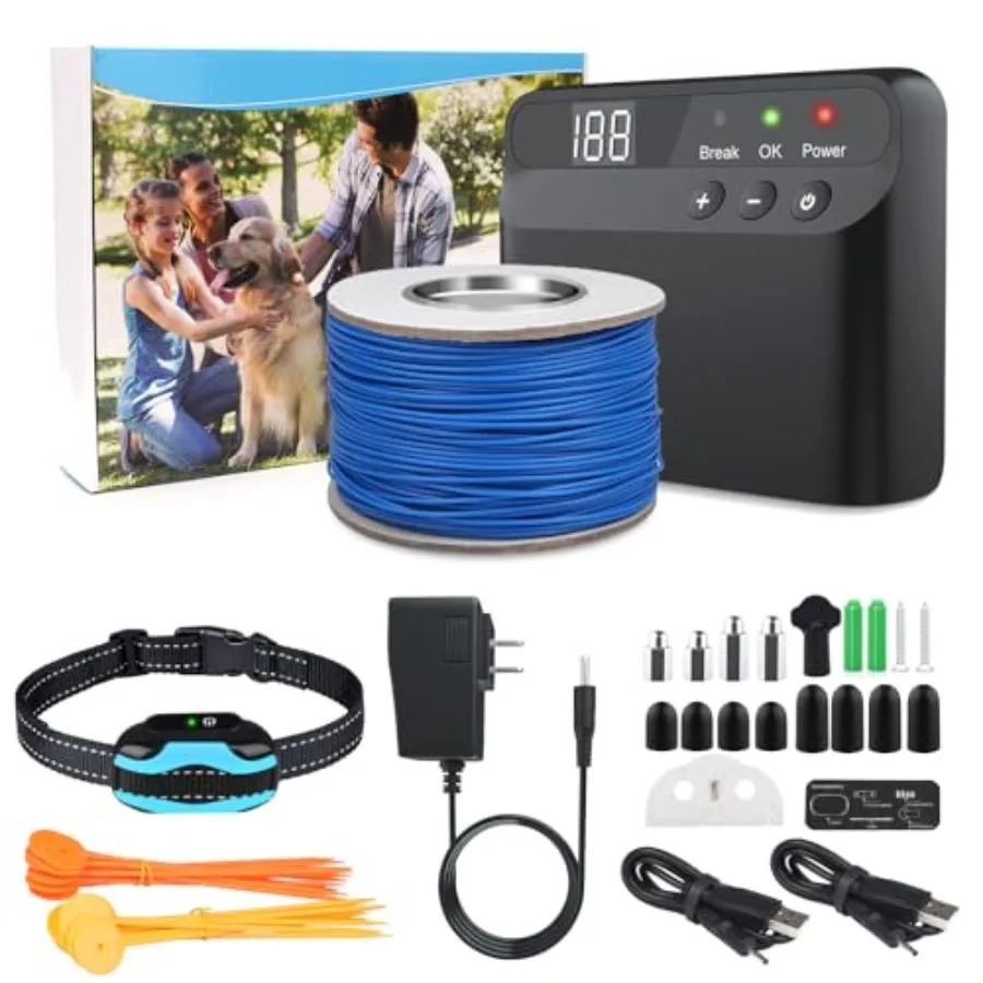 Electric dog fence system for small medium large dogs: water-resistant collar receiver 656 ft boundary wire underground/abovegr