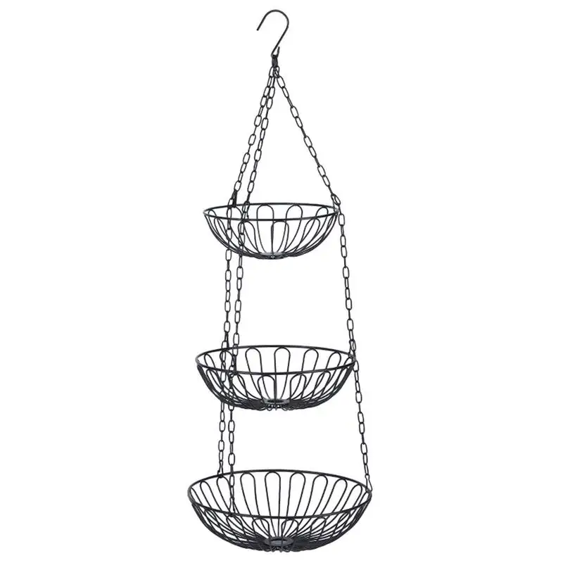 

3 Tier Black Triple Hammock Fruit Vegetables Metal Basket Rack Removable Display Stand for Breads Desserts Towels Spice Jars