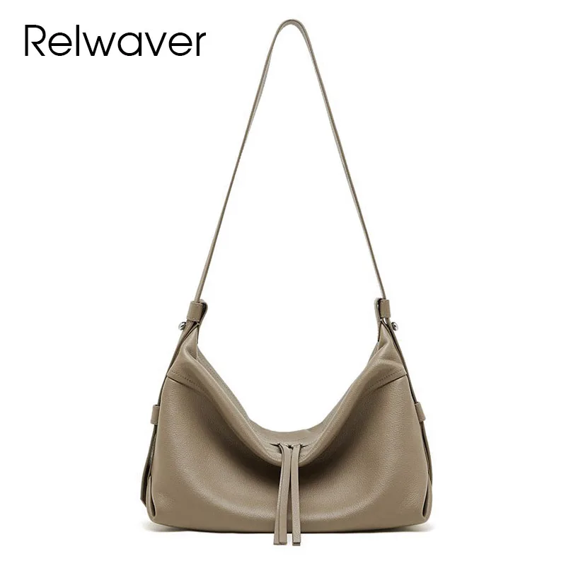 

Relwaver women messenger bags genuine leather grey black soft hobos brief shoulder bag versatile commuting lady bag 2026 spring