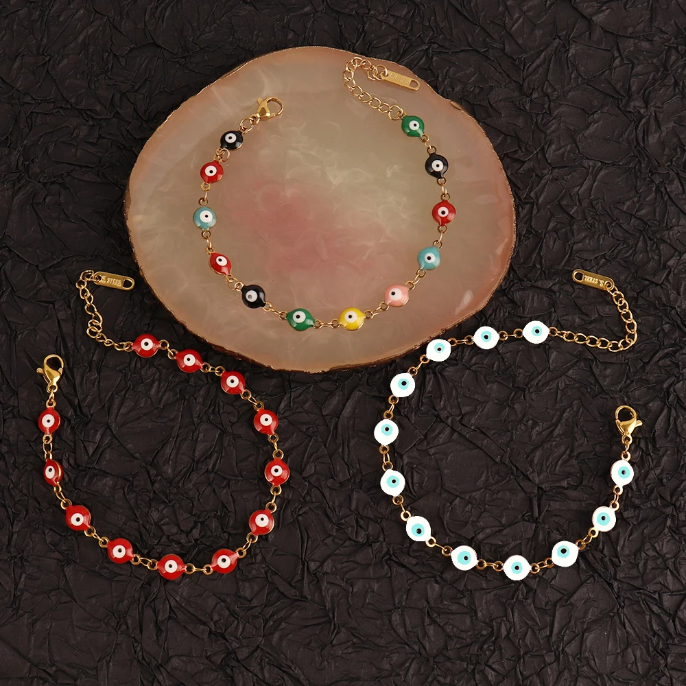 316L Stainless Steel Enamel Colorful Blue Red Evil Eye Chain Bracelet For Women Men Lucky Turkish Eyes Bracelets Jewelry Gifts