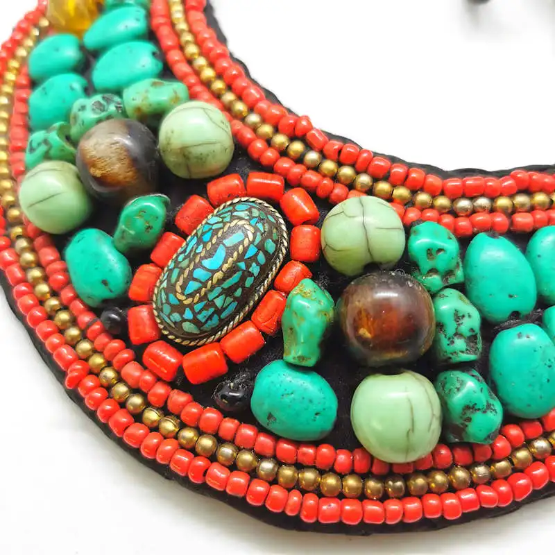 Tibetan Ethnic Fashion Big Moon Statement Necklace Hand Cloth Sewed Colorful Beads Collar TNL166